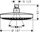 Hansgrohe Kopfbrause mit runder Form, montiert mit einem G 1/2-Anschluss. Sichtbare Strahlwinkel von je 26° und Durchmesser von 187 mm. Höhe von 85 mm.